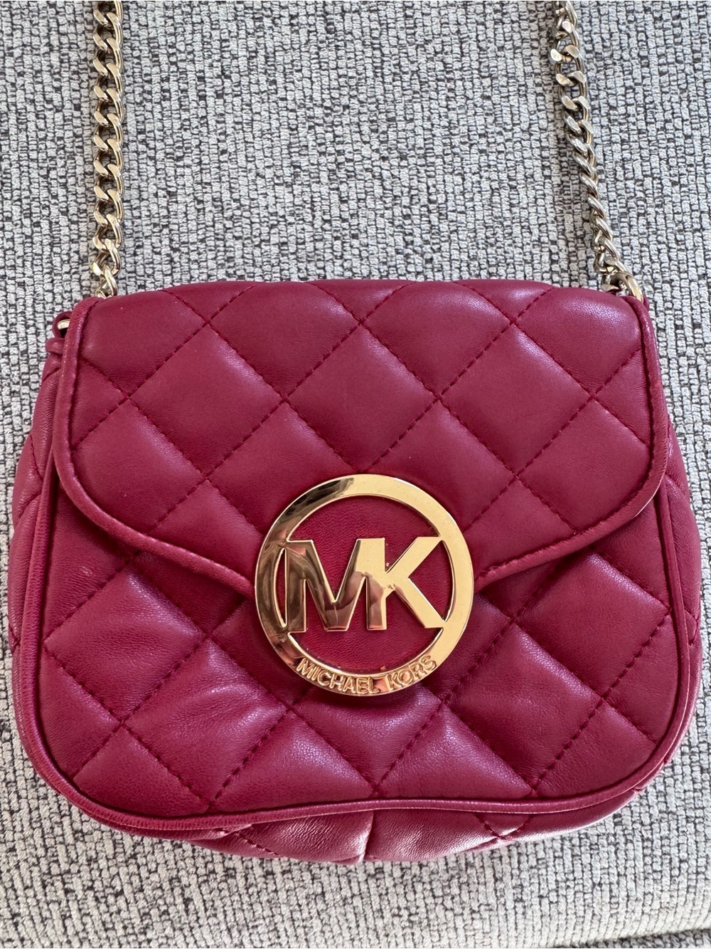 Michael Kors Quilted Red Leather Crossbody with Gold MK Emblem